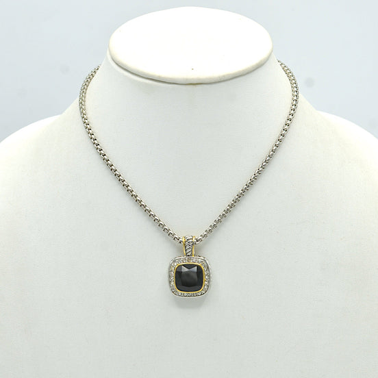 TWO TONE SQUARE BLACK CRYSTAL AND RHINESTONES ENGRAVED PENDANT BOX CHAIN NECKLACE #93099EH-JET(FF11)