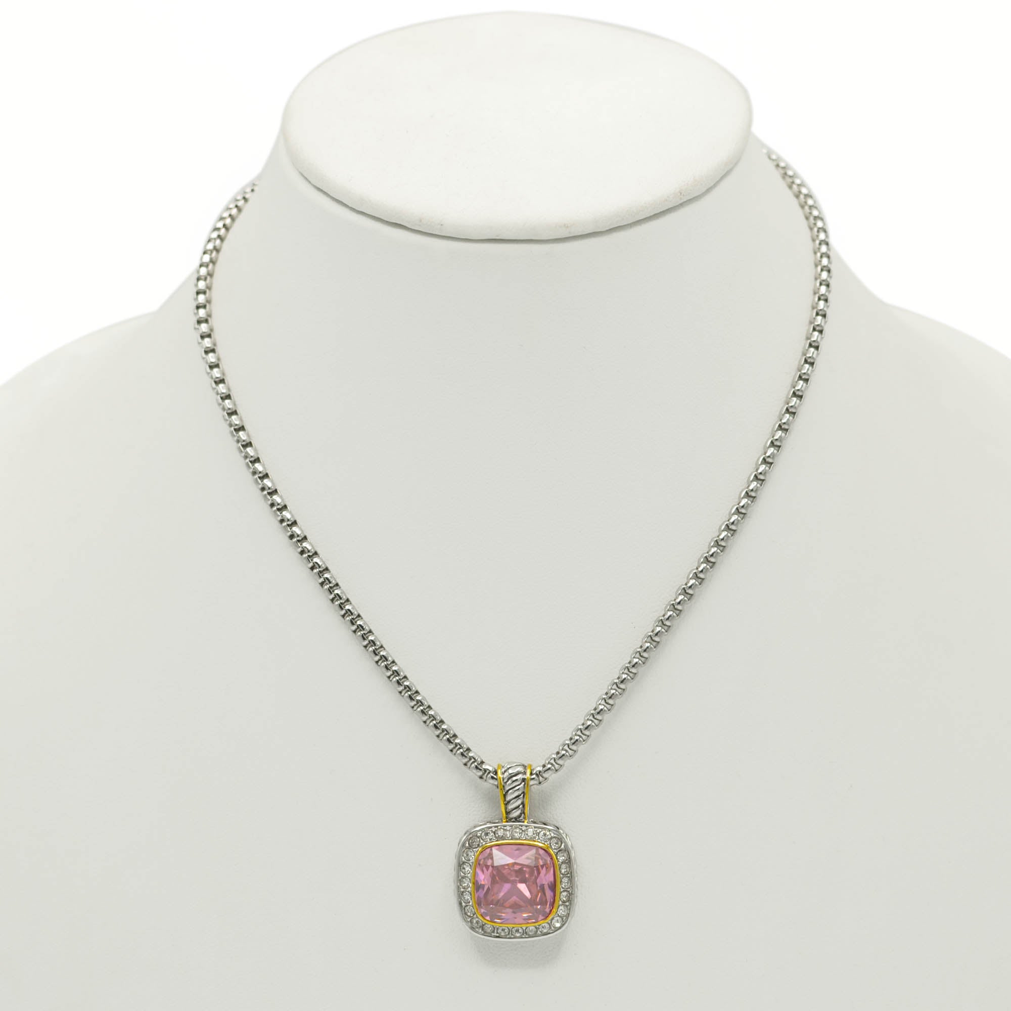 TWO TONE SQUARE ROSE CRYSTAL AND RHINESTONES ENGRAVED PENDANT BOX CHAIN NECKLACE #93099EH-ROSE(FF14)