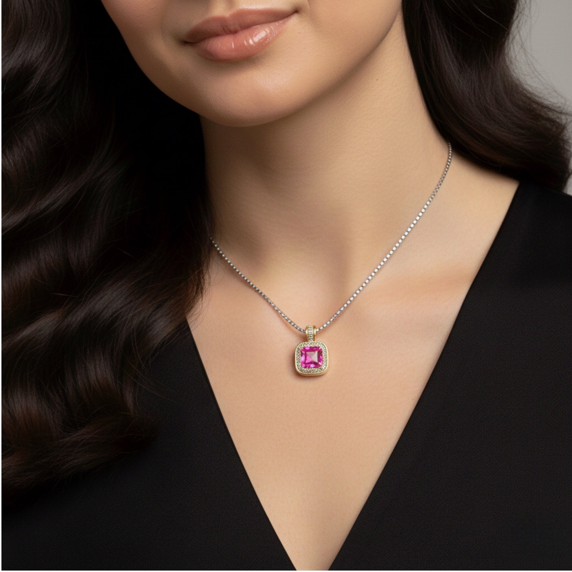 TWO TONE SQUARE ROSE CRYSTAL AND RHINESTONES ENGRAVED PENDANT BOX CHAIN NECKLACE #93099EH-ROSE(FF14)