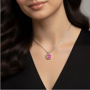 TWO TONE SQUARE ROSE CRYSTAL AND RHINESTONES ENGRAVED PENDANT BOX CHAIN NECKLACE #93099EH-ROSE(FF14)