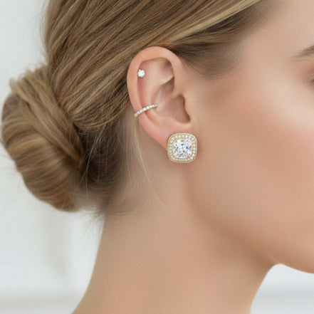 TWO TONE SQUARE CLEAR CRYSTAL AND RHINESTONES ENGRAVED EARRINGS #93099ER-CLEAR (FF12)