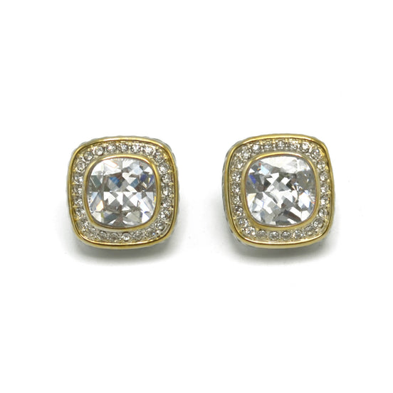 TWO TONE SQUARE CLEAR CRYSTAL AND RHINESTONES ENGRAVED EARRINGS #93099ER-CLEAR (FF12)