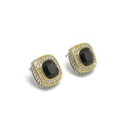 TWO TONE SQUARE JET CRYSTAL AND RHINESTONES ENGRAVED EARRINGS #93099ER-JET(FF11