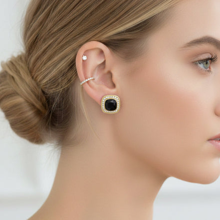 TWO TONE SQUARE JET CRYSTAL AND RHINESTONES ENGRAVED EARRINGS #93099ER-JET(FF11