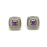 TWO TONE AMETHYST CRYSTAL SQUARE EARRINGS SET#93012ER-AM(FB8)