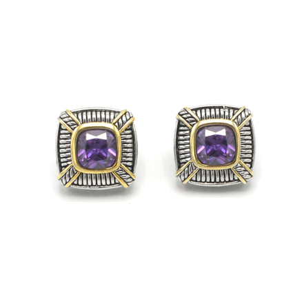 TWO TONE AMETHYST CRYSTAL SQUARE EARRINGS SET#93012ER-AM(FB8)
