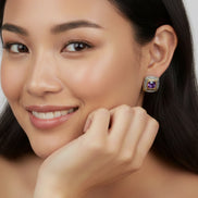 TWO TONE AMETHYST CRYSTAL SQUARE EARRINGS SET#93012ER-AM(FB8)