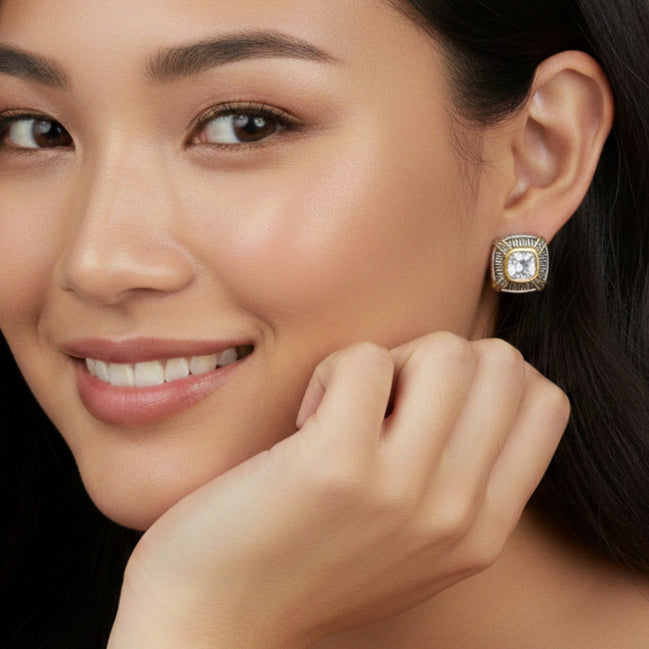 TWO TONE CLEAR CRYSTAL SQUARE EARRINGS SET#93012ER-CLR(FA7)