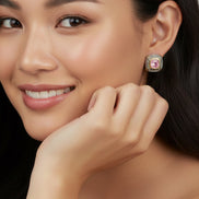 TWO TONE ROSE CRYSTAL SQUARE EARRINGS SET#93012ER-ROSE(FB7)