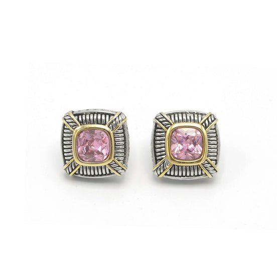 TWO TONE ROSE CRYSTAL SQUARE EARRINGS SET#93012ER-ROSE(FB7)