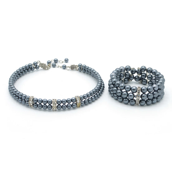 GREY PEARL CRYSTAL CHOKER NECKLACE AND BRACELET SET #FW-SS22267NB18 (SHAC9)