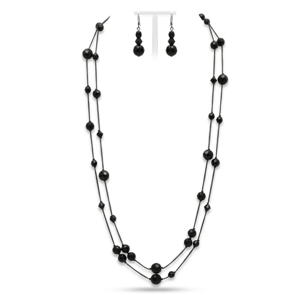 Black Beaded Layered Necklace & Earring Set 58