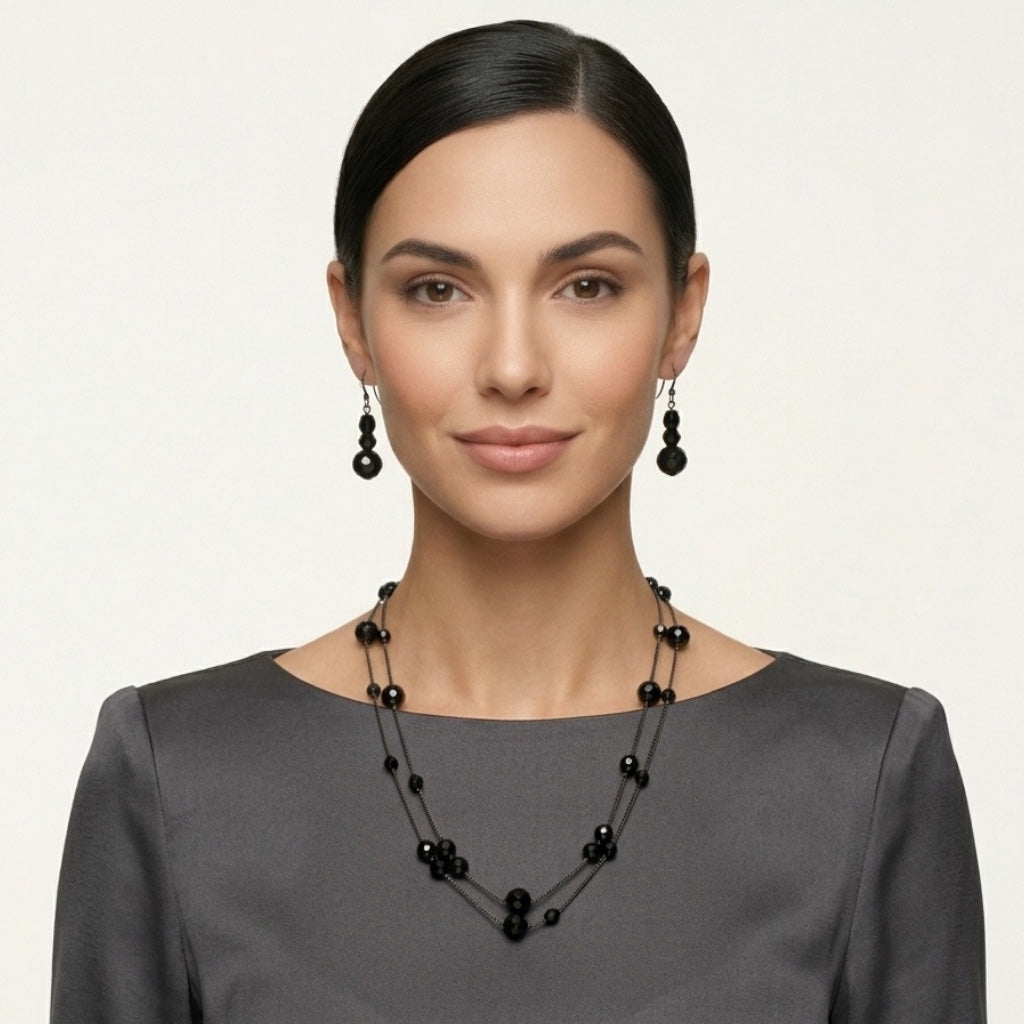 Black Beaded Layered Necklace & Earring Set 58