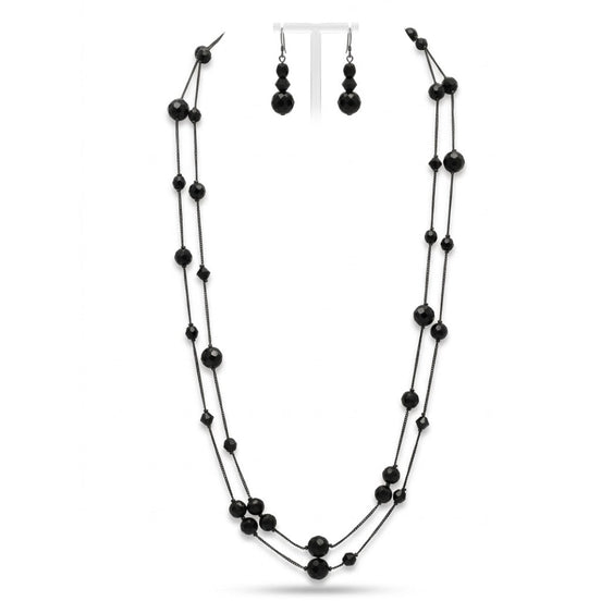 Black Beaded Layered Necklace & Earring Set 58"#WS23095S51 (SHBD10)