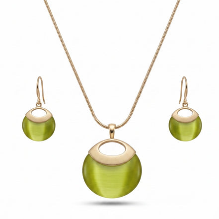 Women's Gold-Tone Olive Green Faux Cat’s Eye Pendant Necklace & Earring Set | Modern Round Drop Jewelry Set  #WS23839NE85_OLI (SHBA3)