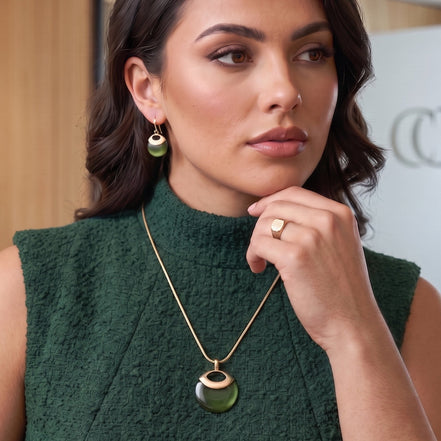 Women's Gold-Tone Olive Green Faux Cat’s Eye Pendant Necklace & Earring Set | Modern Round Drop Jewelry Set  #WS23839NE85_OLI (SHBA3)