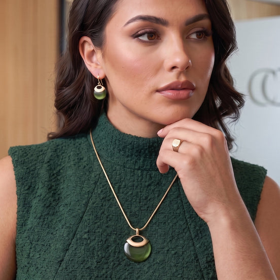 Women's Gold-Tone Olive Green Faux Cat’s Eye Pendant Necklace & Earring Set | Modern Round Drop Jewelry Set  #WS23839NE85_OLI (SHBA3)