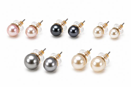 Classic Faux Pearl Stud Earrings Set for Women – Gold Tone Round Pearl Post Earrings, 5 Color Options (Blush Pink, Black, White, Silver Gray & Champagne)  #UN240281ER94 (SHAD9/AI24)