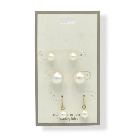 Hypoallergenic 3-Pair Faux Pearl Earring Set – Classic Small & Large Studs with Elegant Gold-Tone Dangles #UN240282ER94 (NG14)