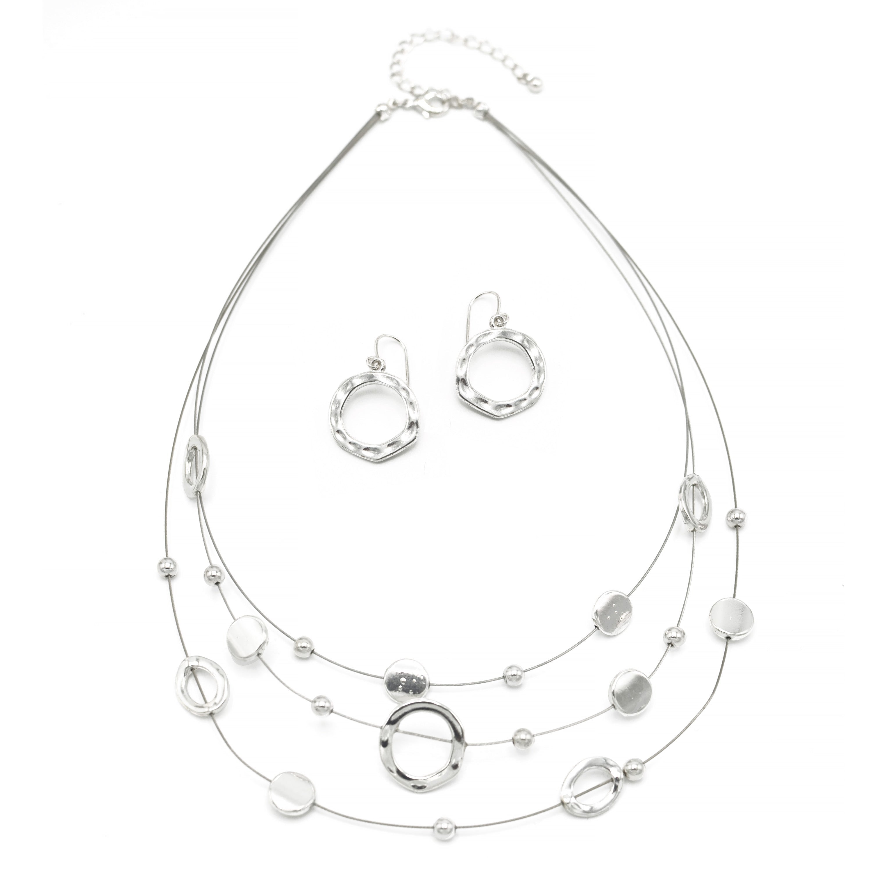 SILVER OPEN ROUND BEADS LAYER NECKLACE & EARRINGS SET  #ADX6407297 (SHBC8)