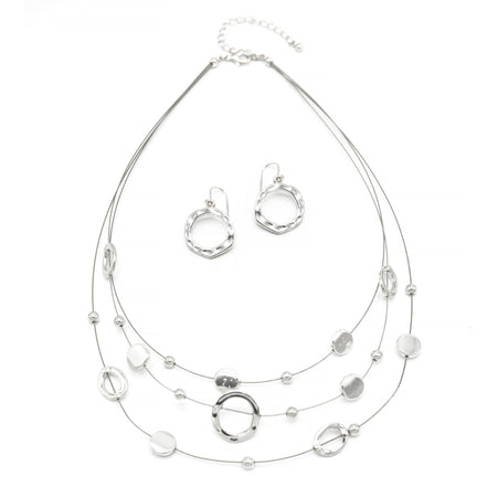 SILVER OPEN ROUND BEADS LAYER NECKLACE & EARRINGS SET  #ADX6407297 (SHBC8)