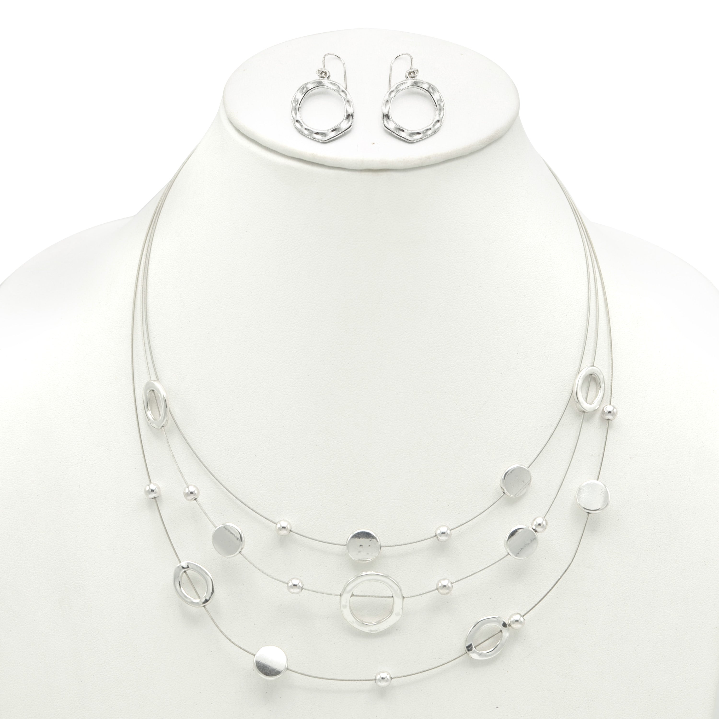 SILVER OPEN ROUND BEADS LAYER NECKLACE & EARRINGS SET  #ADX6407297 (SHBC8)