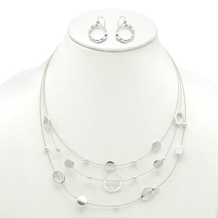SILVER OPEN ROUND BEADS LAYER NECKLACE & EARRINGS SET  #ADX6407297 (SHBC8)