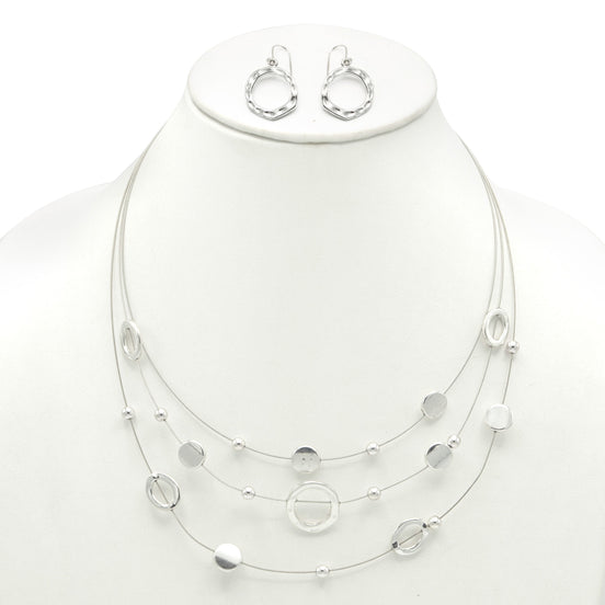 SILVER OPEN ROUND BEADS LAYER NECKLACE & EARRINGS SET  #ADX6407297 (SHBC8)
