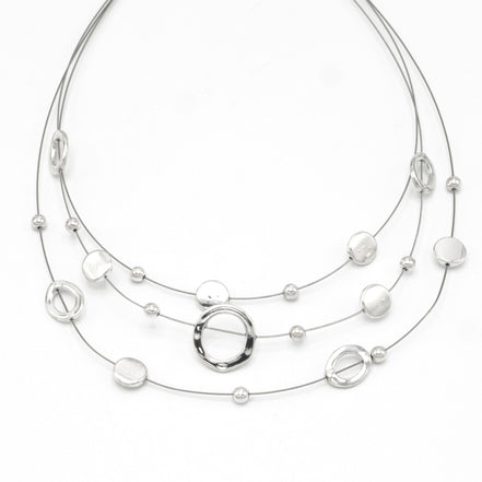 SILVER OPEN ROUND BEADS LAYER NECKLACE & EARRINGS SET  #ADX6407297 (SHBC8)