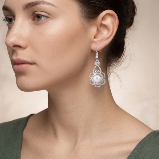 Women's Silver-Tone Vintage Filigree Faux Pearl Drop Earrings | Ornate Scalloped Chandelier Dangle Earrings | Fashion Costume Jewelry #ADX6800093 (SHB11)