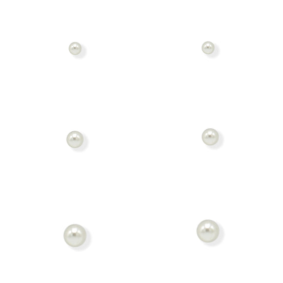 3 PAIRS 8 MM,6MM AND 4MM WHITE PEARL SILVER EARRINGS SET #ADX0291433(AD19)