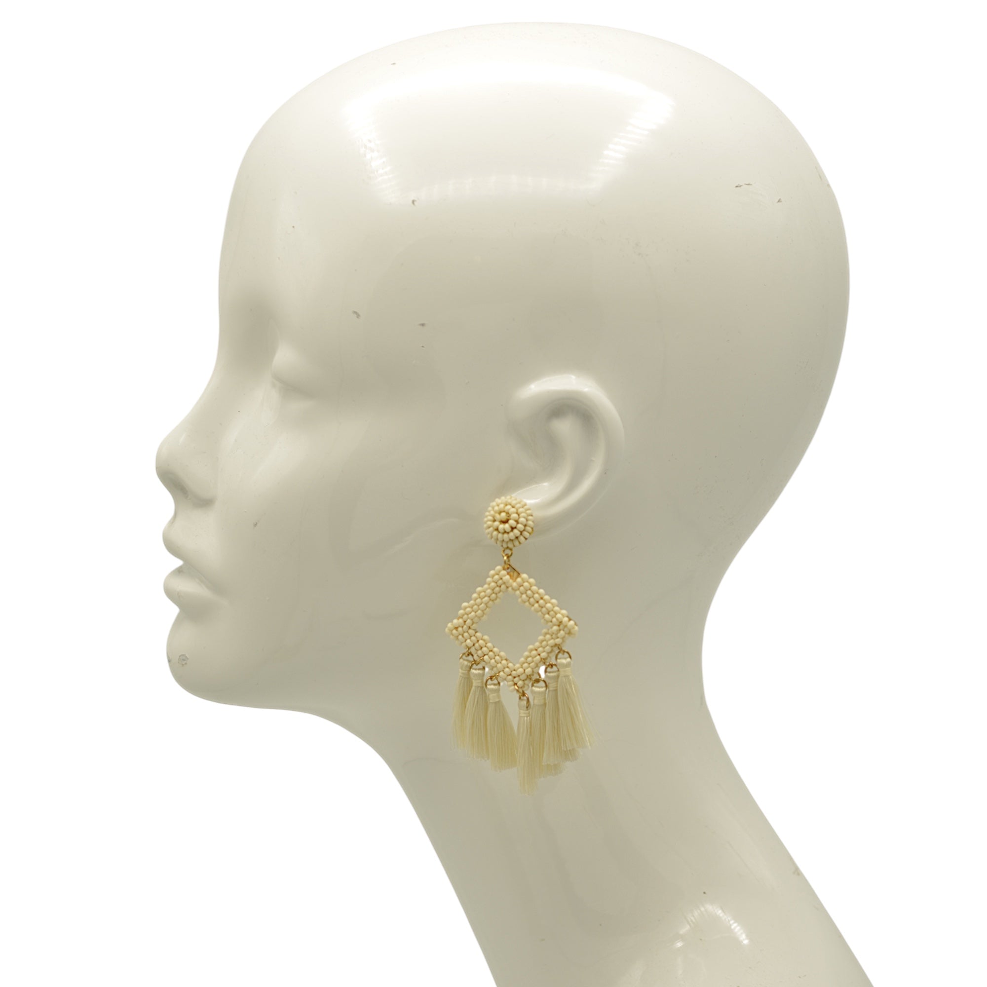 Ivory Beaded Diamond Tassel Earrings– 3