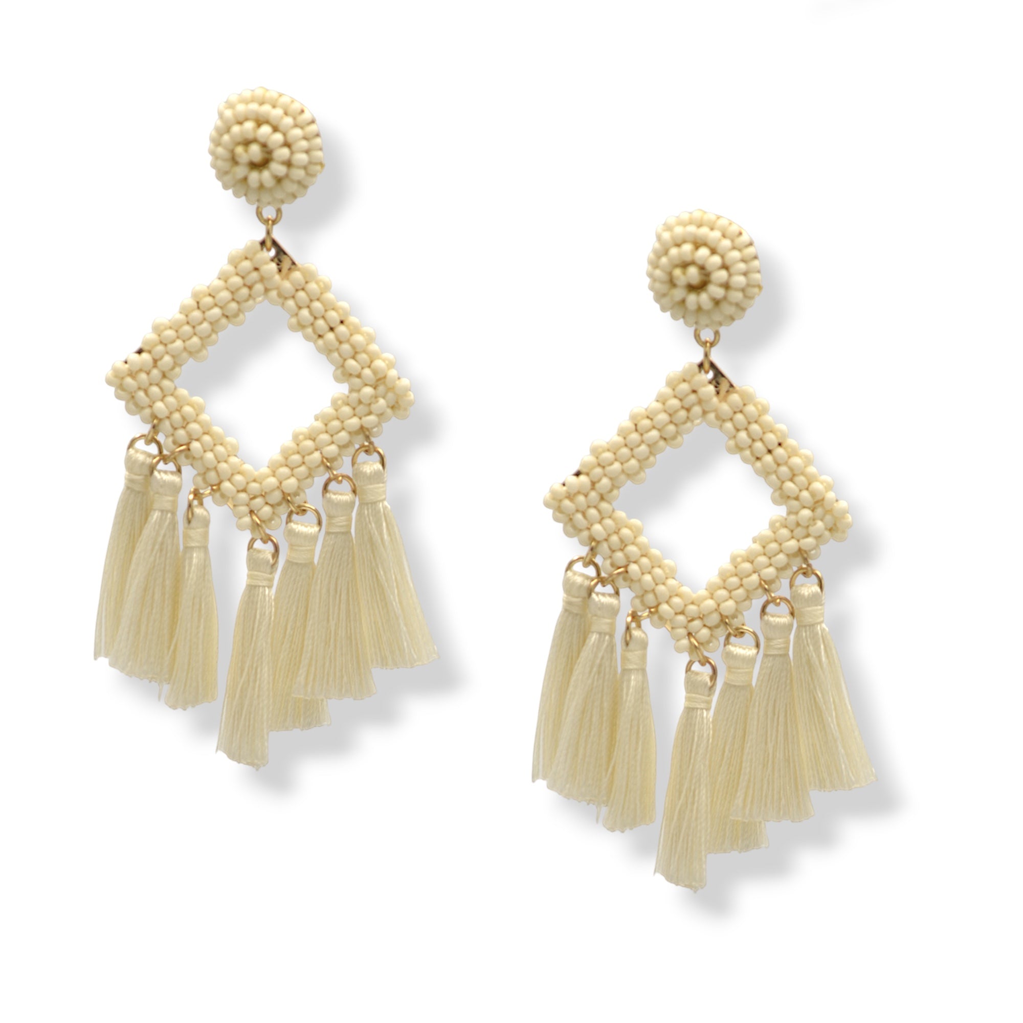 Ivory Beaded Diamond Tassel Earrings– 3