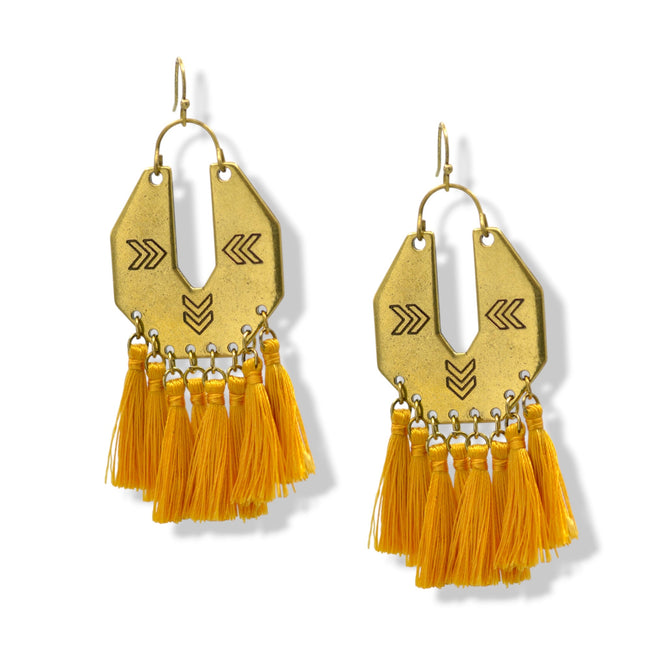 ✨ Gold Chevron & Mustard yellow Tassel Earrings – 3"#ADX0222675(BOHO)