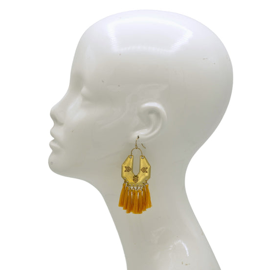 ✨ Gold Chevron & Mustard yellow Tassel Earrings – 3"#ADX0222675(BOHO)