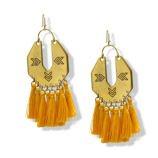 ✨ Gold Chevron & Mustard yellow Tassel Earrings – 3"#ADX0222675(BOHO)
