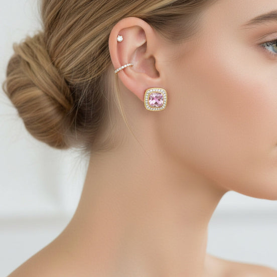 TWO TONE SQUARE ROSE CRYSTAL AND RHINESTONES ENGRAVED EARRINGS #93099ER ROSE (FF14)