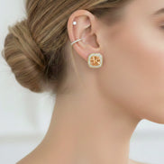 TWO TONE SQUARE CHAMPAGNE CRYSTAL AND RHINESTONES ENGRAVED EARRINGS #93099ER-CHA(FF16)