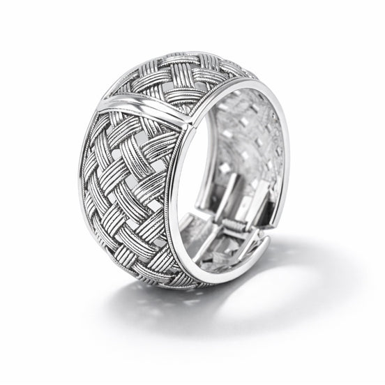 Intricate Silver Woven Basket-Weave Statement Cuff Bracelet #HB49906_RHOD (Q-4)