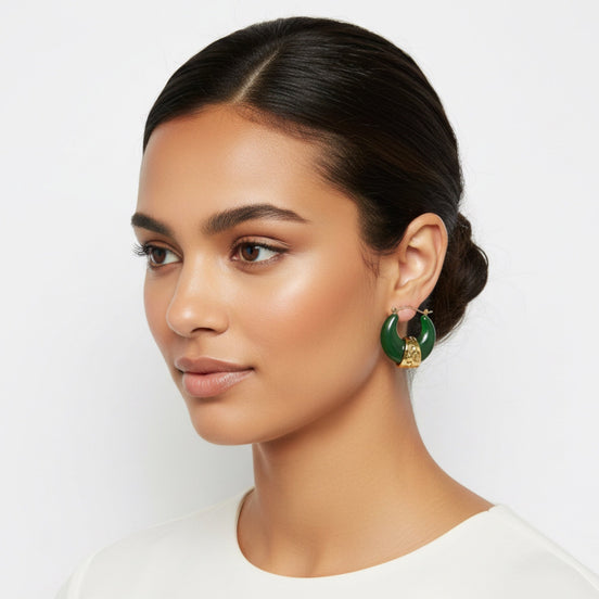 1.5" Emerald Green Resin C-Hoop Earrings with Hammered Gold Wrap – Vintage Style Tapered Hoops#GFE6581 (S3 2025)