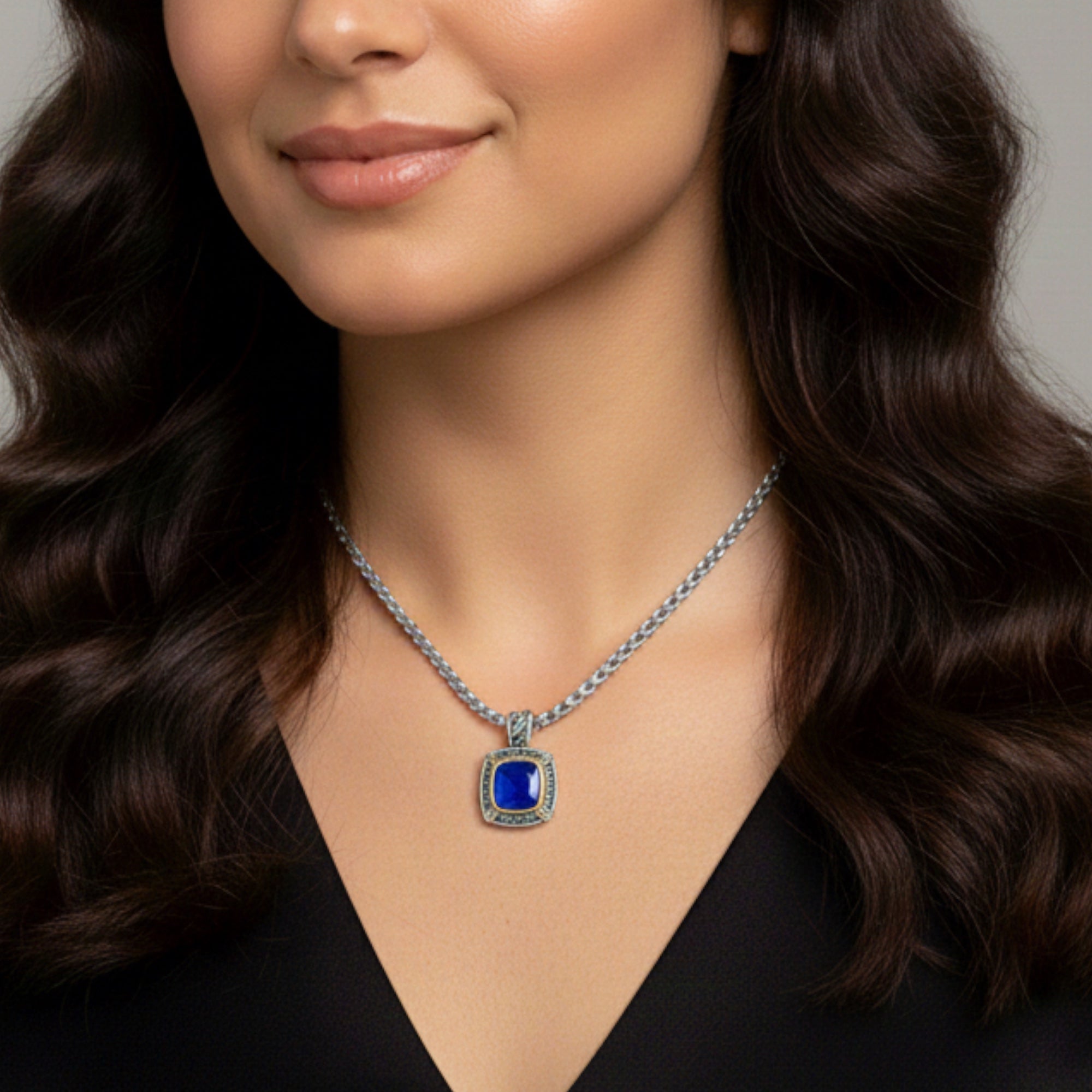 TWO-TONE BLUE SQUARE PENDANT BOX CHAIN NECKLACE #73014EH-BLUE(FD5)