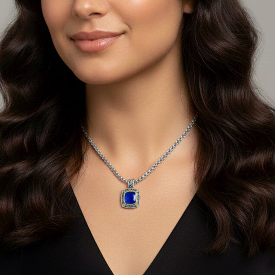 TWO-TONE BLUE SQUARE PENDANT BOX CHAIN NECKLACE #73014EH-BLUE(FD5)