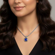 TWO-TONE BLUE SQUARE PENDANT BOX CHAIN NECKLACE #73014EH-BLUE(FD5)