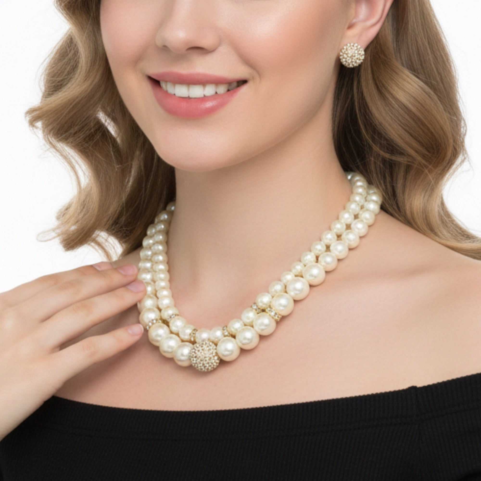 Cream Pearl And Gold Crystal Pave Ball Necklace And earrings Set #SQ321-1026-0296G