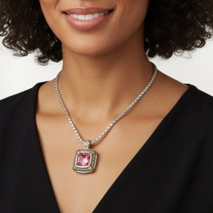 TWO TONE ROSE CRYSTAL SQUARE PENDANT BOX CHAIN NECKLACE# 93012EH-ROSE(FA17)