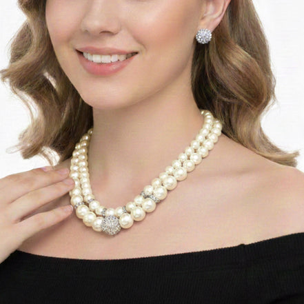 White Pearl And Silver Crystal Pave Ball Necklace And earrings Set #SQ321-1026-0296S (LA25/GF17)