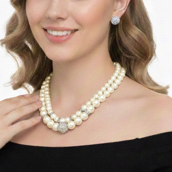 White Pearl And Silver Crystal Pave Ball Necklace And earrings Set #SQ321-1026-0296S (LA25/GF17)