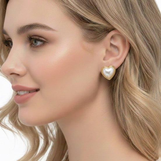 Gold Heart Cream Pearl Stud Earrings#HNE90883(MF2)