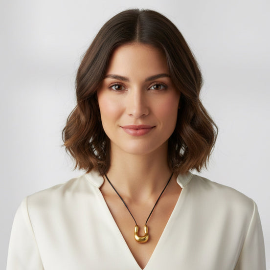 30" Modern Sculptural Gold-Tone U-Pendant Necklace – Adjustable Black Faux Leather Cord Statement Jewelry#GFN5527-1 (S3 2025)
