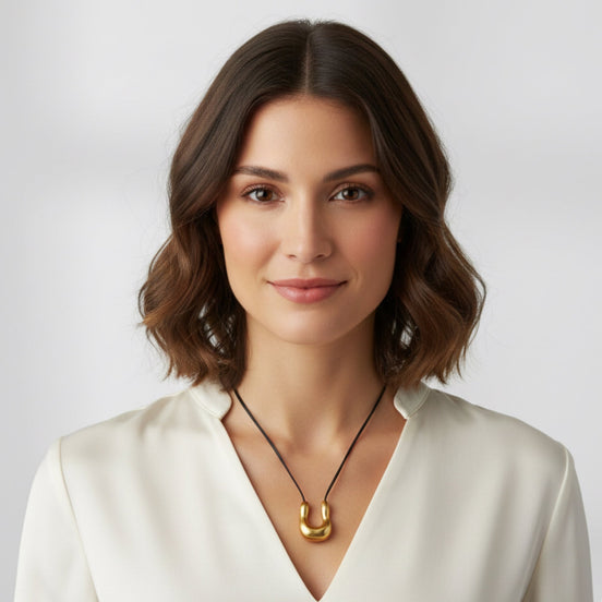 30" Modern Sculptural Gold-Tone U-Pendant Necklace – Adjustable Black Faux Leather Cord Statement Jewelry#GFN5527-1 (S3 2025)
